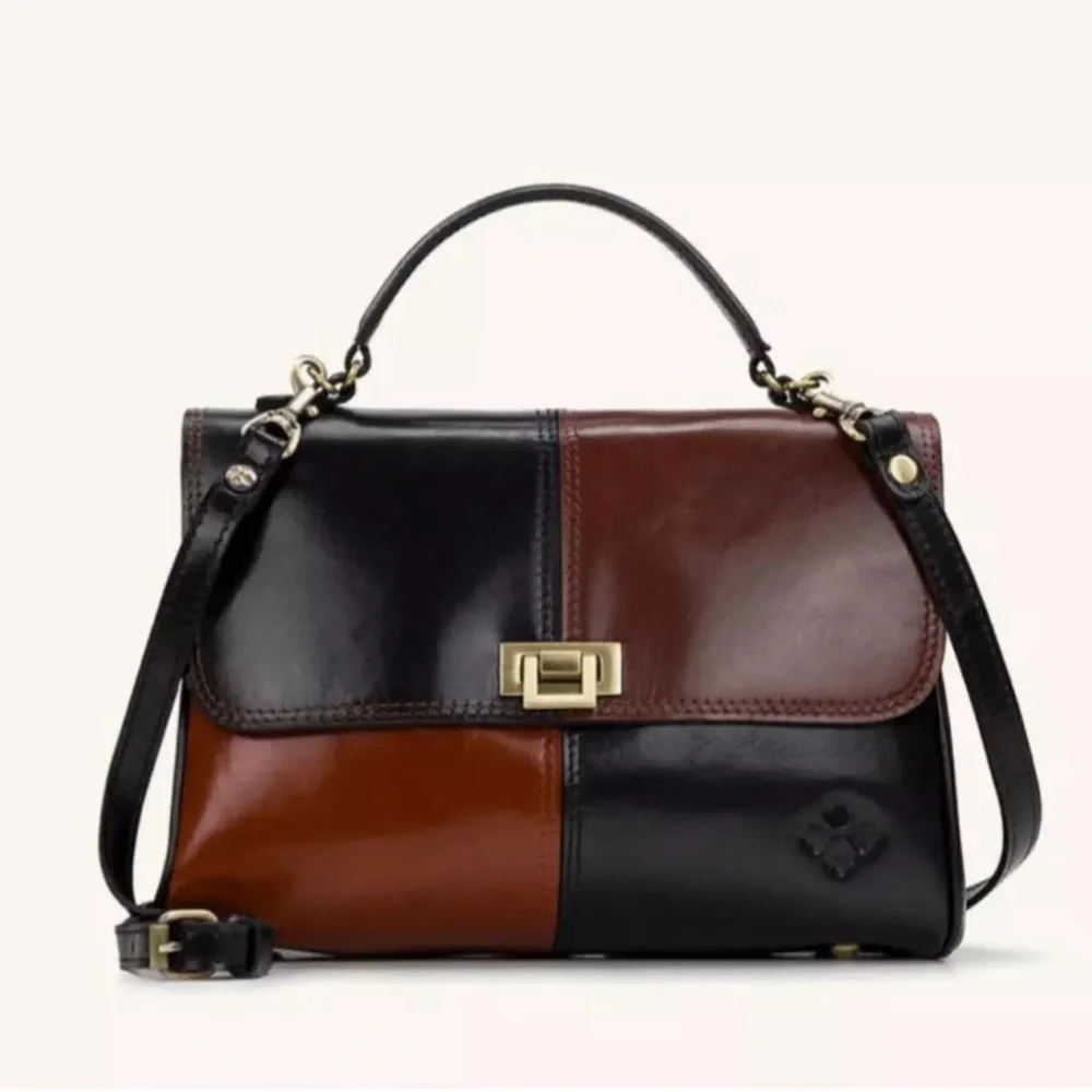 Patricia Nash Satchel with Gold Clasp Leather Crossbody Bag Brown/black